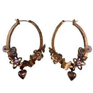 Gold Tone Vintage Flower Hoop Earrings With Crystal Accents & Heart Charms